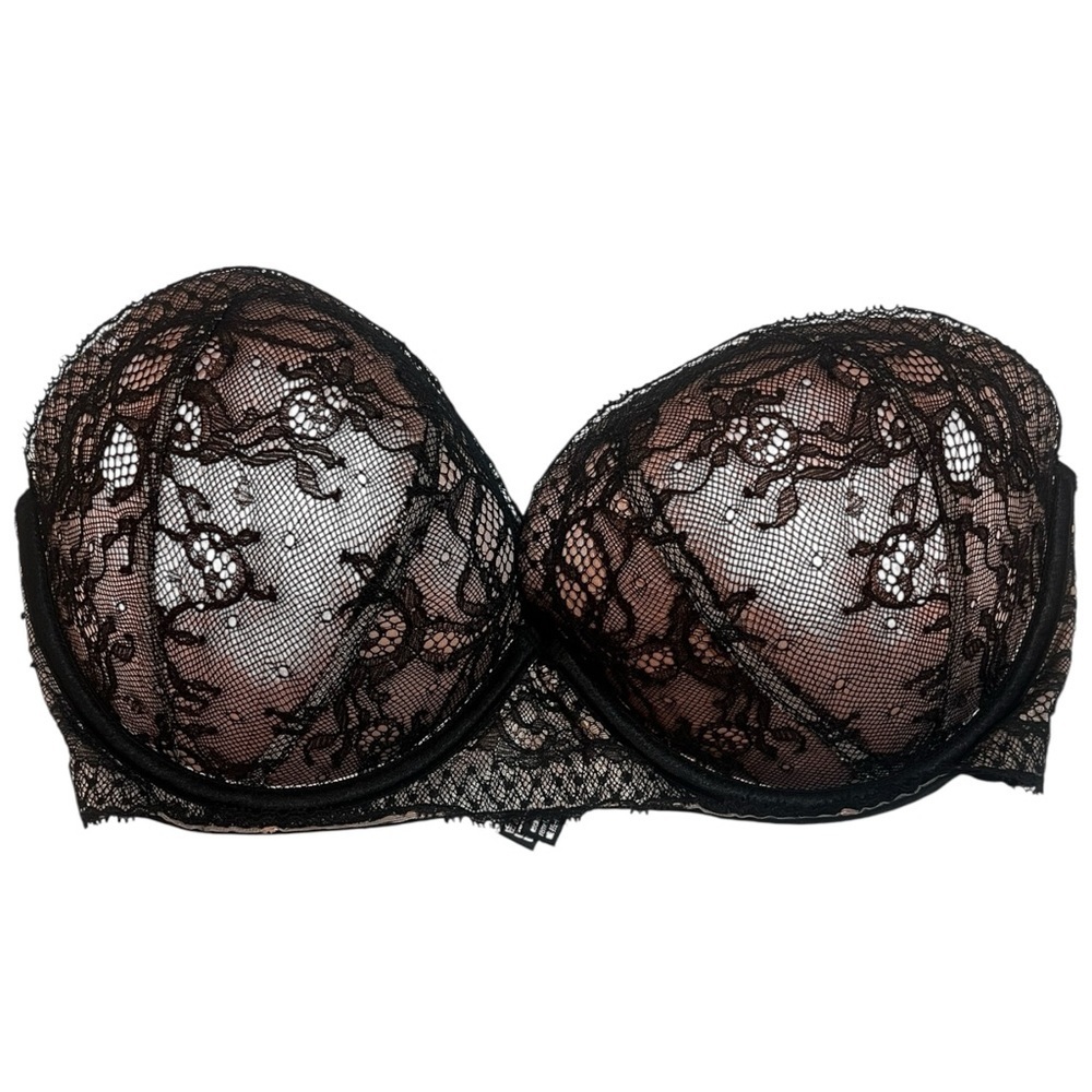 Victoria's Secret Black Lace Strapless Plunge Bra EUC
